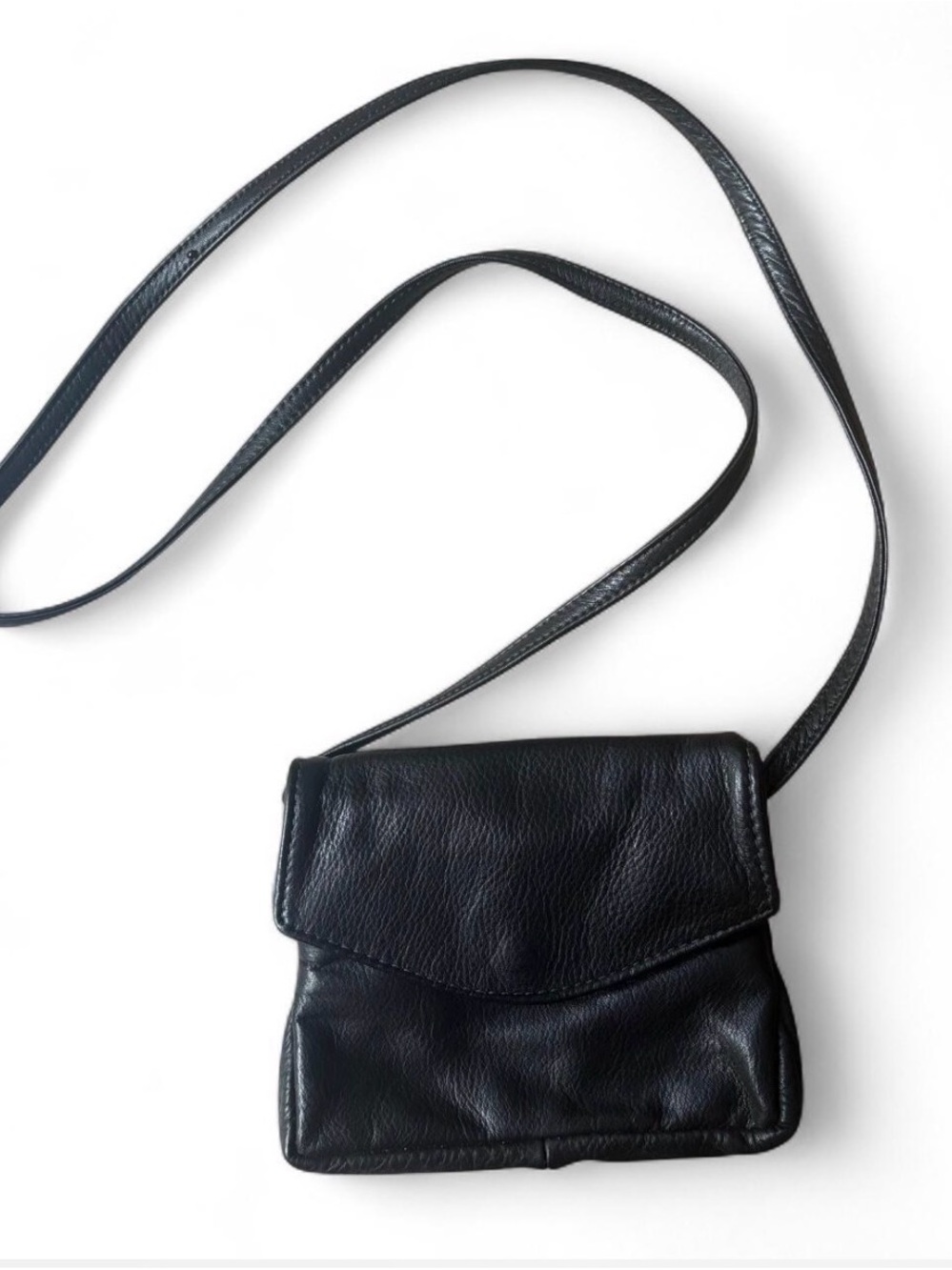Vintage Black Pebbled Leather Crossbody Bag Flap Minimalist Small